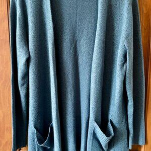 Blue Knit Open Long Cardigan Sweater Pockets Large